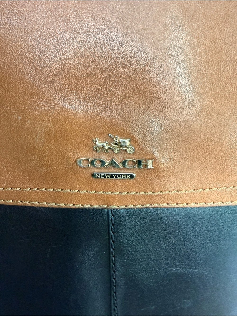 Coach Eva Mat Two Tone Tall Leather Riding Boots Black Saddle Brown 8.5 w/ box - Picture 5 of 8
